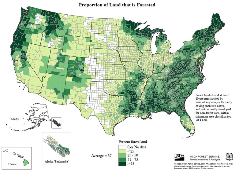 美國(guó)各州和州按林木種植密度計(jì)算的林木密度