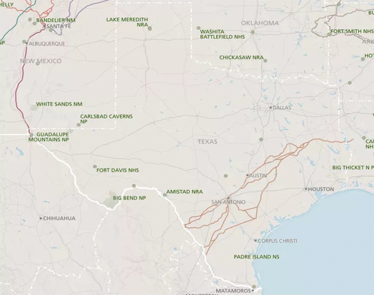 國家公園，古跡，歷史遺跡，自然保護(hù)區(qū)和德克薩斯州名勝古跡的地圖