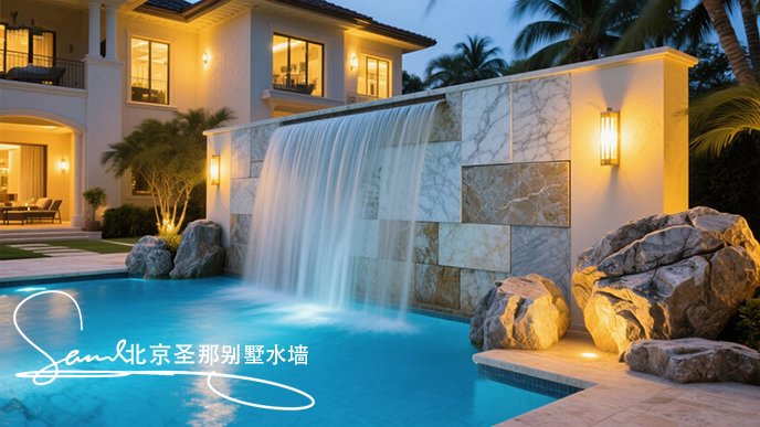 jimeng-2025-06-20-7537-這是一別墅處戶外大理石制作的平板水墻景觀。水墻由多種平面石板組成漂亮的效果。水從....jpeg