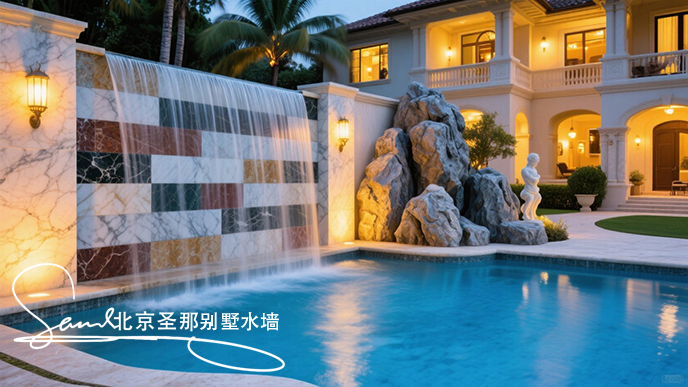 jimeng-2025-06-20-8482-這是一別墅處戶外大理石制作的平板水墻景觀。水墻由多種平面石板組成漂亮的效果。水從....jpeg