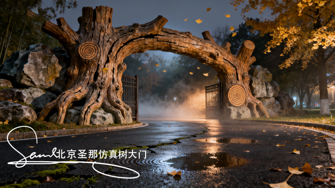 jimeng-2025-10-26-1700-這張圖片展示的是一處仿木景觀大門，屬于園林景觀造景的典型作品。 主體結(jié)構(gòu)：大門以....png