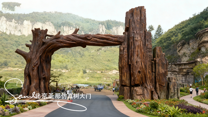 jimeng-2025-10-26-1872-一個主體顏色是自然暗棕色的仿樹樁造型的園林景觀入口，大門橫梁很厚重，整體迪士尼大....png
